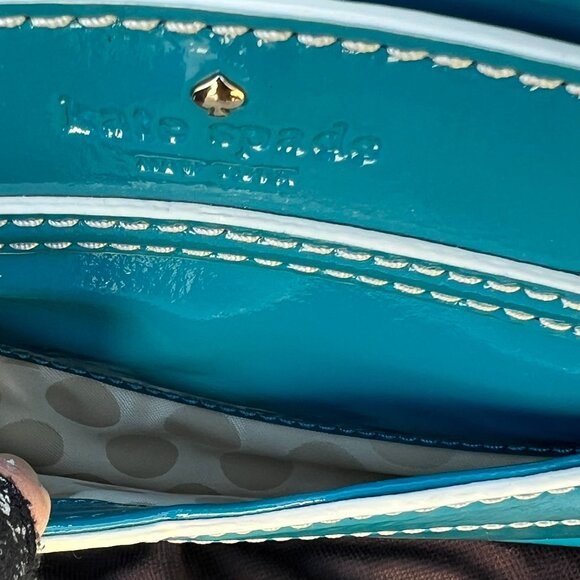 Unused Kate Spade Teal Patent Leather Satchel Bag Structured White Stitching - Picture 12 of 12